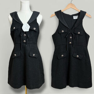 Black Tweed Dress Women Size Medium Floral Preppy Old Money Aesthetic Elegant